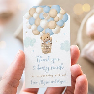 Editable Teddy Bear Hot Air Balloon Favor Tag Thank You Tag Bear with Balloons Baby Bear Shower Blue Boy Teddy Bear Baby Shower Digital A710