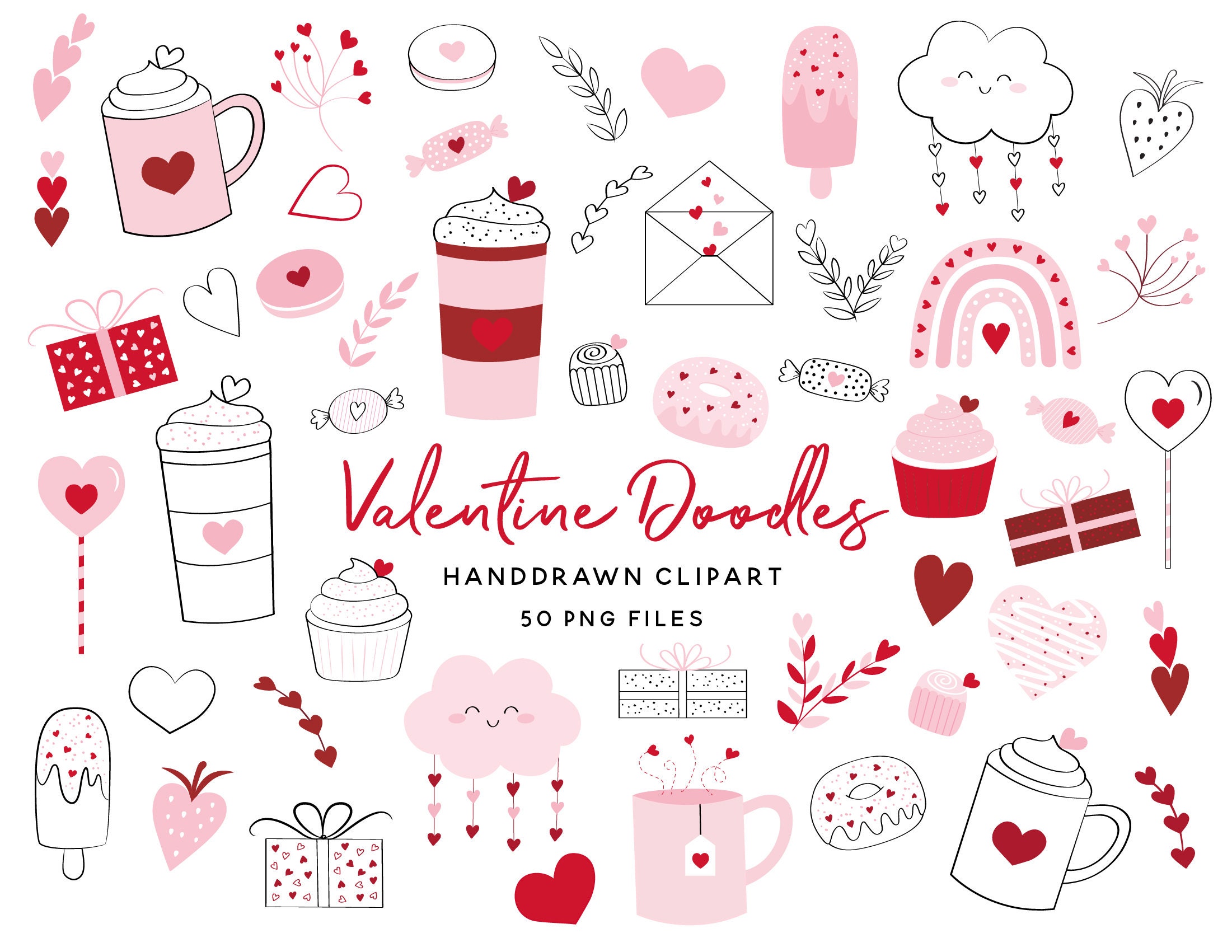 Valentine's Day Doodle Clipart Valentine Clipart Pink Etsy
