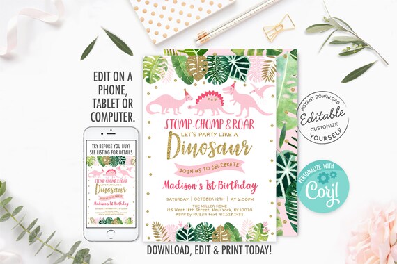 Pink Dinosaur Birthday Invitation, Pink & Gold Dinosaur Birthday Invite, Dinosaur Safari, Girl Dinosaur, Gold Safari, EDITABLE Digital A507 Il_570xn