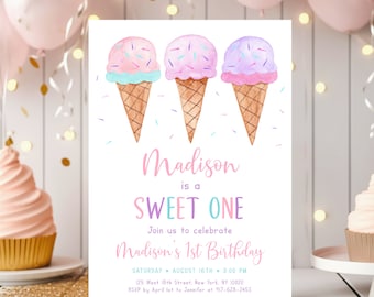 May include: A pink, purple, and blue ice cream cone birthday invitation with the text "Madison is a Sweet One" and details for a first birthday party.
