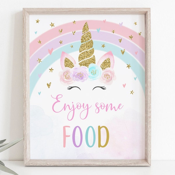 Unicorn Birthday Food Sign Rainbow Unicorn Party Pink Gold Pastel Floral Unicorn Printable Digital Instant Download A582