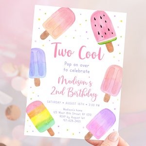Invito di compleanno di due fantastici ghiaccioli modificabili Invito di compleanno di ghiaccioli 2nd Pop On Over Girl Popsicle Party Ice Cream Digital A674