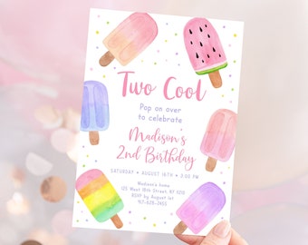 Editable Two Cool Popsicle Birthday Invitation Popsicle 2nd Birthday Invite Pop On Over Girl Popsicle Party Ice Cream Digital A674