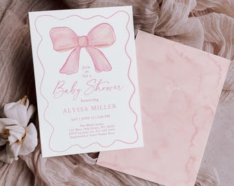 Editable Pink Bow Baby Shower Invitation Watercolor Bow Baby Shower Invite Minimalist Ribbon Squiggle Baby Girl Digital Download A742