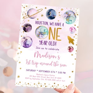Editable Space Birthday Invitation First Trip Around The Sun Pink Gold Girl Galaxy Planets Outer Space Party Rocket Ship Printable A586