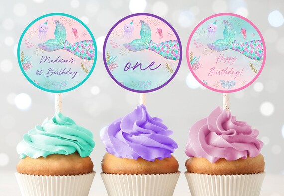Editable Mermaid Birthday Cupcake Toppers Girls Mermaid Party Under The Sea Party Pink Purple Teal Gold Printable Digital Download A615 Il_570xn