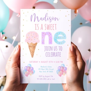 Editable Ice Cream Birthday Invitation Sweet One Ice Cream First Birthday Girl Ice Cream Party Pink Gold Sprinkles Balloons Digital A611