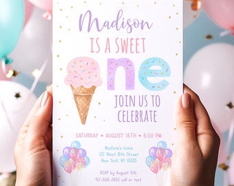 May include: A birthday invitation with the text "Madison IS A SWEET ONE" and an ice cream cone illustration. The invitation includes event details and RSVP information. The background features balloons.