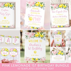 Editable Lemonade First Birthday Invitation Bundle, Pink Lemonade Birthday Invite Lemon Birthday Pink Gold Floral Girl Download A613