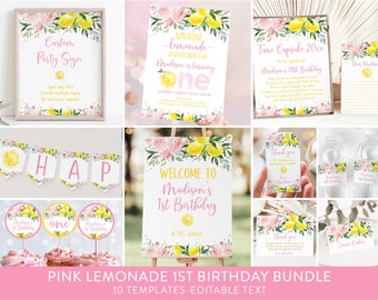 Editable Lemonade First Birthday Invitation Bundle, Pink Lemonade Birthday Invite Lemon Birthday Pink Gold Floral Girl Download A613