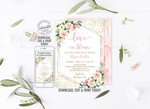EDITABLE Blush Pink Floral Bridal Shower Invitation Blush & Gold Floral Gold Geometric Bridal Shower Invite Printable Digital Corjl B138 Il_570xn