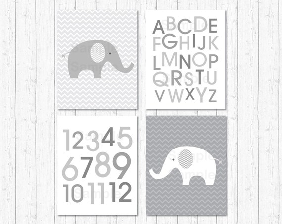 Elephant Nursery Wall Art / Elephant Nursery Art / Chevron Pattern / Alphabet / Numbers / Grey & White / PRINTABLE Instant Download A144 Il_570xn