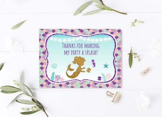 Mermaid Birthday Thank You Card Mermaid Party Under The Sea Teal Purple Gold Pool Party Digital Printable Instant Download A461 Il_570xn