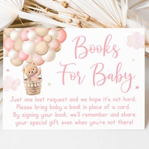 Roze teddybeer heteluchtballon Boekverzoekkaarten Beer met ballonnen Baby beer douche meisje teddybeer babyshower digitale download A710