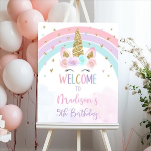 Panneau de bienvenue d'anniversaire de licorne modifiable Licorne arc-en-ciel pastel Licorne florale en or rose Imprimable numérique en téléchargement immédiat Corjl A582