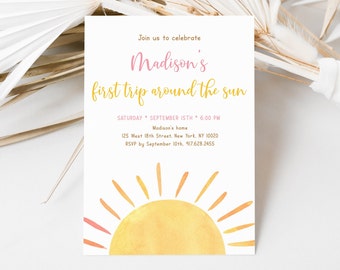 Editable Pink First Trip Around The Sun Birthday Invitation Sunshine First Birthday Invite Boho Girl Sunshine Party Digital Download A681