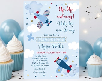 Editable Airplane Baby Shower Invitation Boy Airplane Baby Shower Invite Clouds Stars Blue Red Gold Printable Digital Download A566