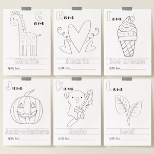 May include: Black and white printable alphabet coloring pages for kids. Each page features a letter of the alphabet, a corresponding word, and an illustration to color. The letters are G, H, I, J, K, and L.