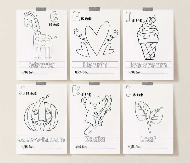 May include: Black and white printable alphabet coloring pages for kids. Each page features a letter of the alphabet, a corresponding word, and an illustration to color. The letters are G, H, I, J, K, and L.