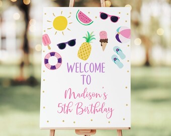 Editable Pool Party Welcome Sign Pool Party Birthday Girls Pool Party Ice Cream Pineapple Watermelon Digital Printable Instant Download A533