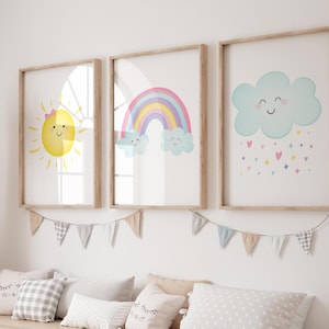 Set of 3 Rainbow Prints Pastel Rainbow Nursery Art Rainbow Wall Art Cute Cloud Sunshine Weather Girls Wall Art Kids Printable Digital A549