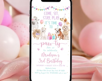 Editable Puppy Birthday E-Invitation Let's Paw-ty Girl Puppy Birthday Invite Puppy Dog Birthday Pink Gold Balloons Digital Download A621
