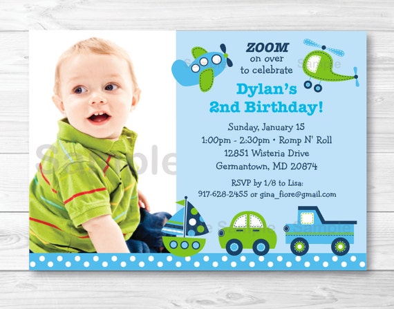 Transportation Birthday Invitation / Vehicle Birthday Invite / Car Truck Airplane Sailboat Helicopter / Blue & Green / PRINTABLE A306 Il_570xn