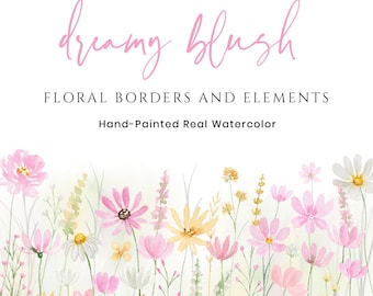 Aquarell Wildblumen Clipart: Blush rosa florale Ränder (PNG Digital Download)