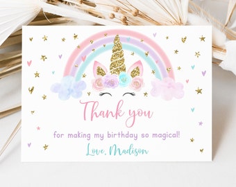 Editable Unicorn Rainbow Birthday Thank You Card Pink Gold Pastel Floral Unicorn Party Unicorn Thank  You Printable Digital Download A582