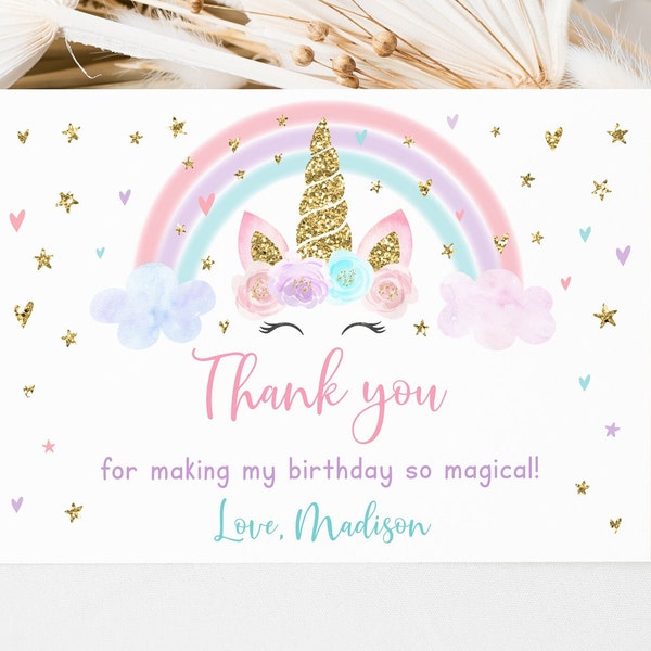 Editable Unicorn Rainbow Birthday Thank You Card Pink Gold Pastel Floral Unicorn Party Unicorn Thank  You Printable Digital Download A582