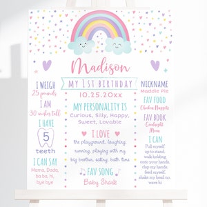 Bearbeitbares Regenbogen Meilenstein Geburtstagsschild Regenbogen Erster Geburtstag Rosa Pastell Regenbogen Wolken Mädchen Erster Geburtstag druckbare digitale Corjl A549