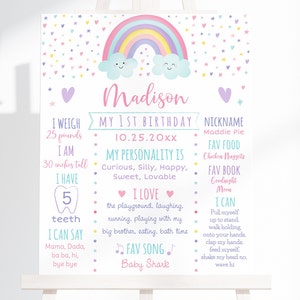 Editable Rainbow Milestone Birthday Sign Rainbow First Birthday Pink Pastel Rainbow Clouds Girl First Birthday Printable Digital Corjl A549