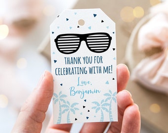 Editable Two Cool Birthday Thank You Tags, Favor Tags, Boy Summer Birthday, Sunglasses, Pool Party, Palm Trees, Instant Download A538