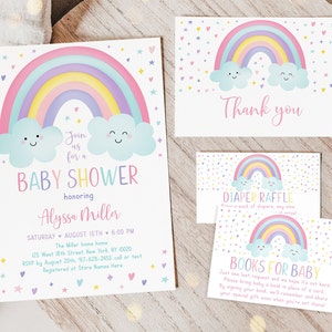 Bundle modifiable d'invitations pour baby shower arc-en-ciel pastel arc-en-ciel nuages étoiles coeurs fille tirage au sort livre carte Suite téléchargement numérique A549