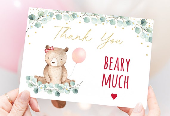 Editable Teddy Bear Birthday Thank You Card Bear with Balloons Red Gold Girl Teddy Bear Party Teddy Bear Picnic Digital Download A603 Il_570xn