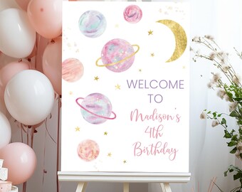 Editable Space Birthday Welcome Sign Pastel Pink Purple Gold Galaxy Planets Girl Outer Space Party Moon Stars Digital Download A726