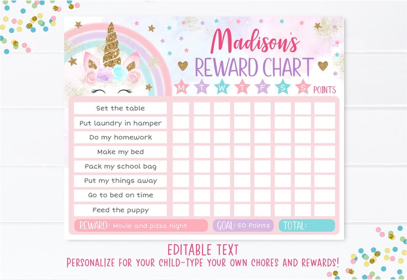 editable unicorn reward chart unicorn behavior chart pink