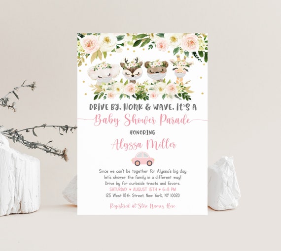 Editable Drive By Baby Shower Invitation, Woodland, Safari, Pink, Girl Drive By Baby Shower Parade, Drive Thru, Social Distance Digital A567 Il_570xn