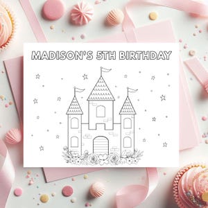 May include: A black and white coloring page with the text "MADISON'S 5TH BIRTHDAY" above a castle illustration. The castle has three towers, flags, and floral details at the base. Stars and dots surround the castle.