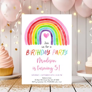 Bearbeitbare Regenbogen Geburtstagseinladung Mädchen Regenbogen Party Regenbogen Geburtstag einladen Rosa Aquarell Regenbogen Herz Digitaler Download A661