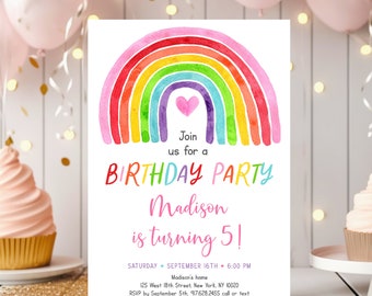May include: A rainbow birthday party invitation with a watercolor rainbow and a pink heart. The text reads "Join us for a Birthday Party Madison is turning 5!" with the date, time, and location information below.