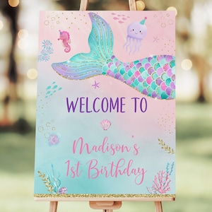Editable Mermaid Birthday Welcome Sign Girls Mermaid Party Under The Sea Party Pink Purple Teal Gold Printable Digital Download A615