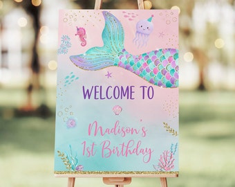 Editable Mermaid Birthday Welcome Sign Girls Mermaid Party Under The Sea Party Pink Purple Teal Gold Printable Digital Download A615