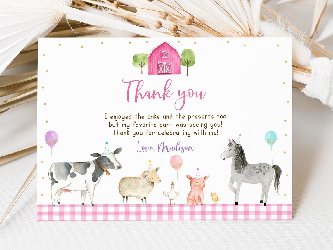Editable Pink Farm Birthday Thank You Card Girl Farm Party Barnyard ...