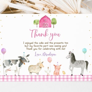 Carte de remerciement d'anniversaire à la ferme rose modifiable fille ferme fête basse-cour anniversaire animaux de la ferme ballons rose or imprimable téléchargement numérique A629