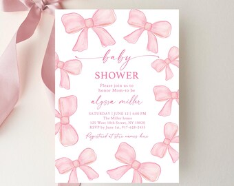 Editable Pink Bow Baby Shower Invitation Minimalist Watercolor Ribbon Baby Shower Invite Blush Pink Baby Girl Digital Download A742