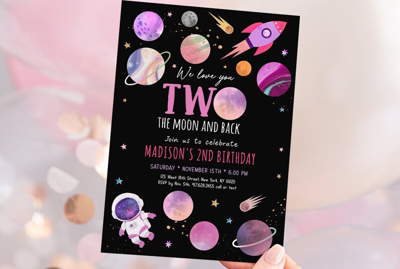 Editable Two The Moon Birthday Invitation Space 2nd Birthday Invite Pink Girl Astronaut Galaxy Planets Outer Space Party