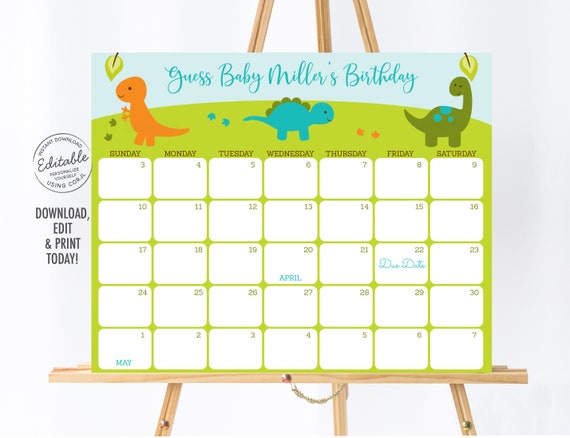 EDITABLE Dinosaur Baby Due Date Calendar Game, Dinosaur Baby Shower, Boy Baby Shower, Guess Baby's Birthday, Digital, Printable Corjl A173 Il_570xn
