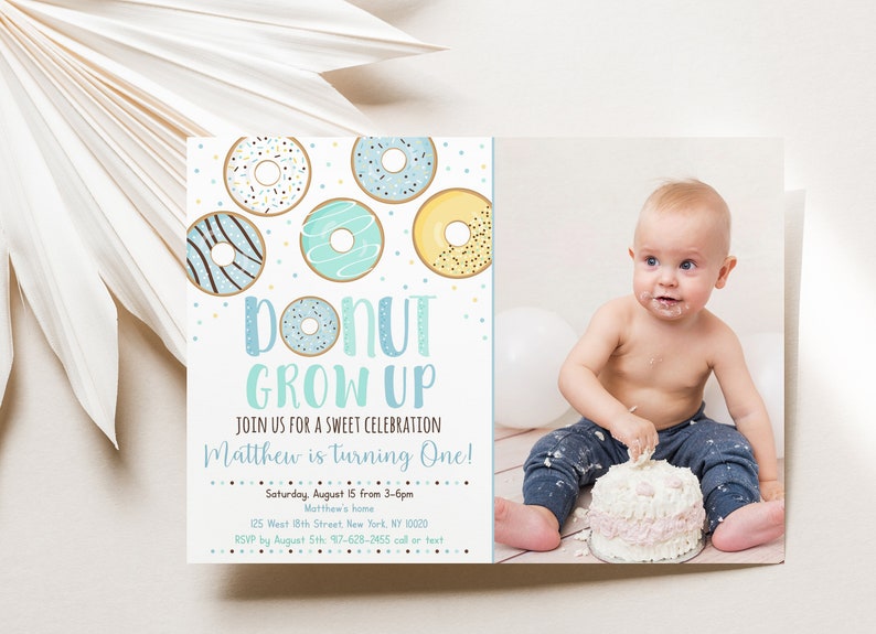 Editable Donut Grow Up Birthday Invitation Blue Donut Boy First Birthday Donut Party Doughnut Sprinkles Printable Digital