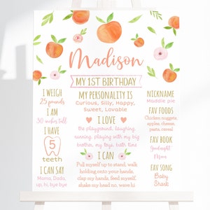 Editable Peach Birthday Milestone Sign Sweet As A Peach First Birthday Watercolor Peach Floral Girl 1st Birthday Digital Download A668